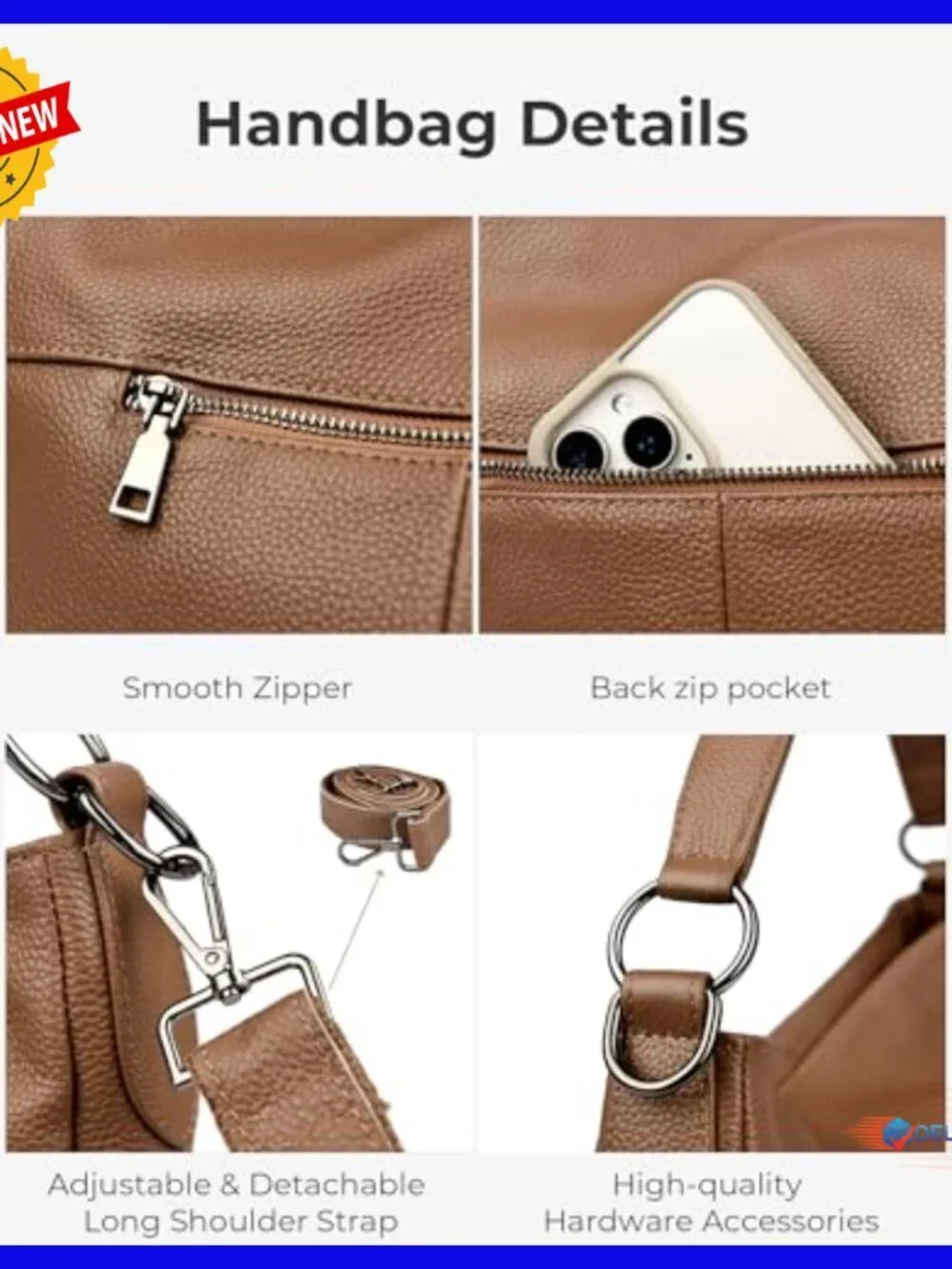 Large Genuine Leather Hobo Tote with Detachable Straps, Crossbody Shoulder Bag